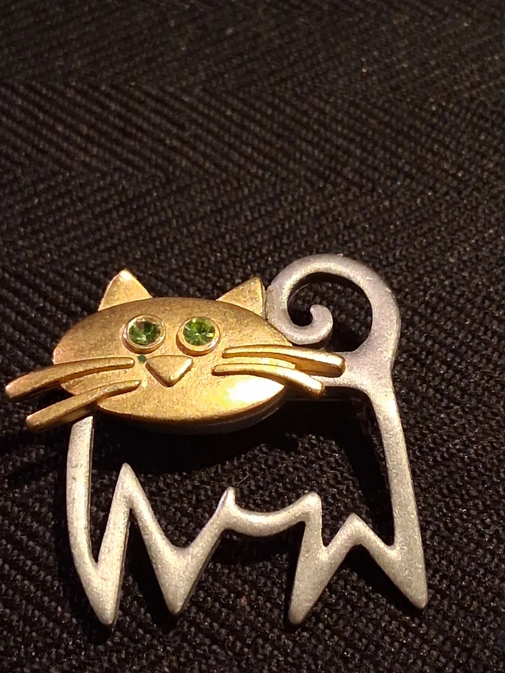 Gold and Silver Cat Pin Brooch with Green Gem Eyes Pet Lover Accessory Marked JJ